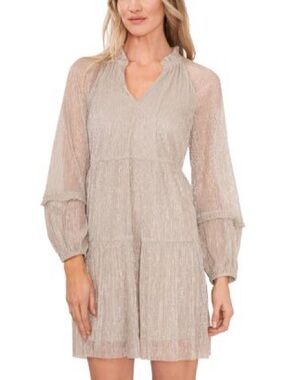 CeCe Shimmer-Neck Pleated Mini Dress in Light Beige